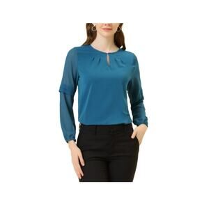 Allegra K Women's Office Long Sleeves Keyhole Neck Elegant Blouse XL Lake Blue